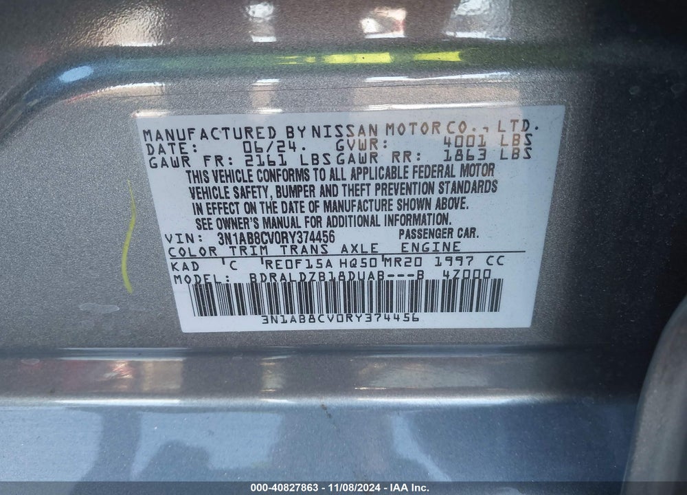 2024 NISSAN SENTRA SV XTRONIC CVT VIN: 3N1AB8CV0RY374456