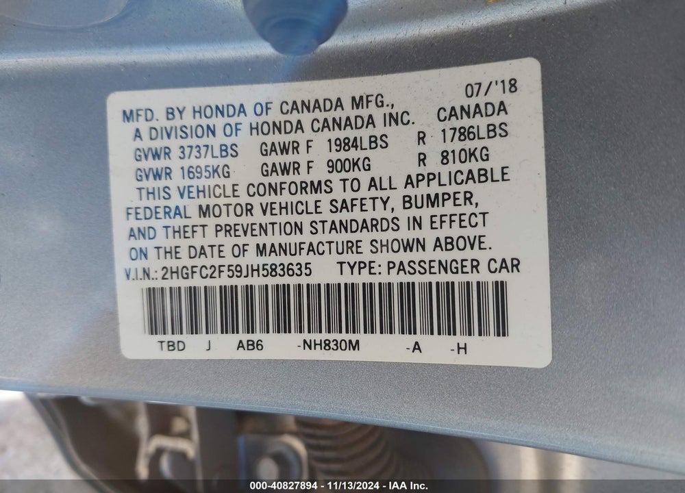 2018 HONDA CIVIC VIN: 2HGFC2F59JH583635