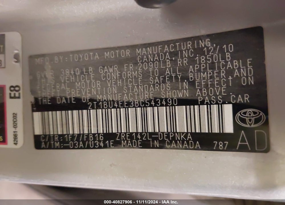 2011 TOYOTA COROLLA LE VIN: 2T1BU4EE3BC543490