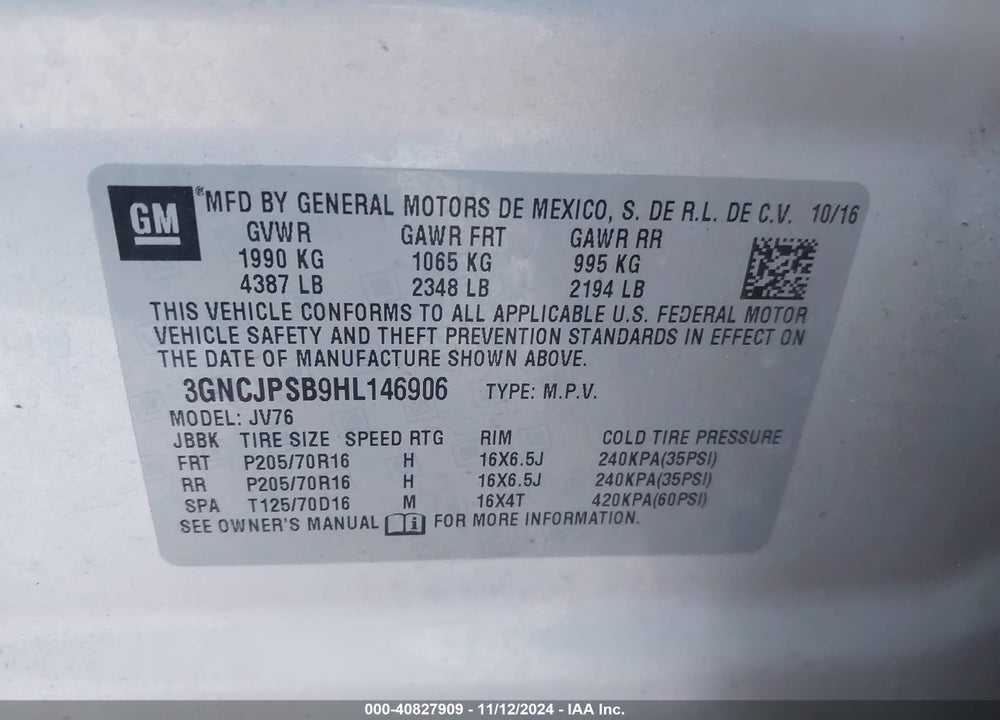 2017 CHEVROLET TRAX LT VIN: 3GNCJPSB9HL146906