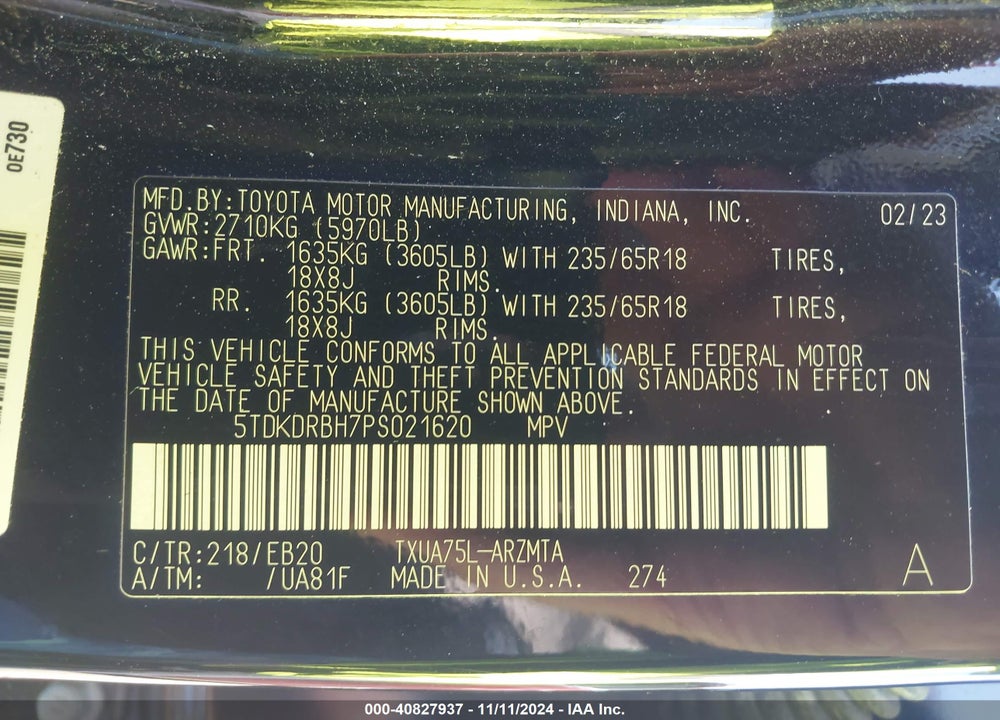2023 TOYOTA HIGHLANDER XLE VIN: 5TDKDRBH7PS021620