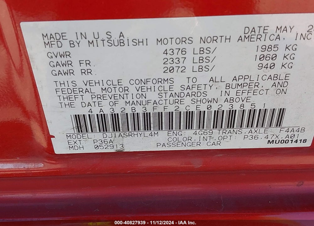 2012 MITSUBISHI GALANT ES/SE VIN: 4A32B3FF2CE023851