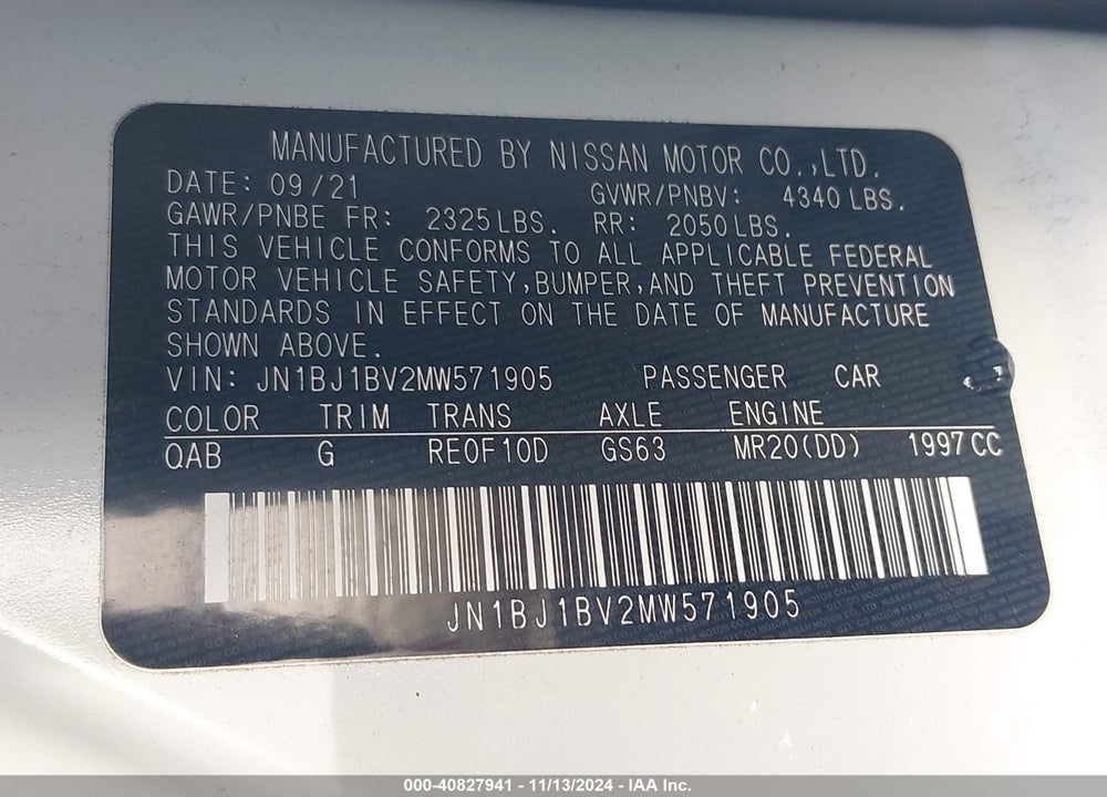 2021 NISSAN ROGUE SPORT SV FWD XTRONIC CVT VIN: JN1BJ1BV2MW571905