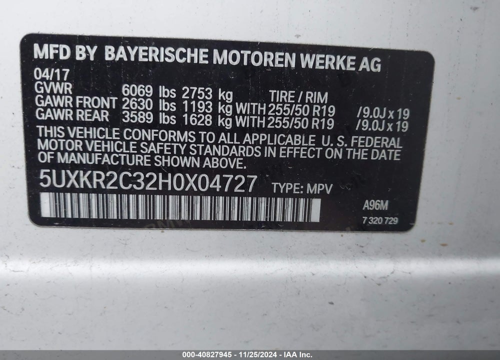 2017 BMW X5 SDRIVE35I VIN: 5UXKR2C32H0X04727