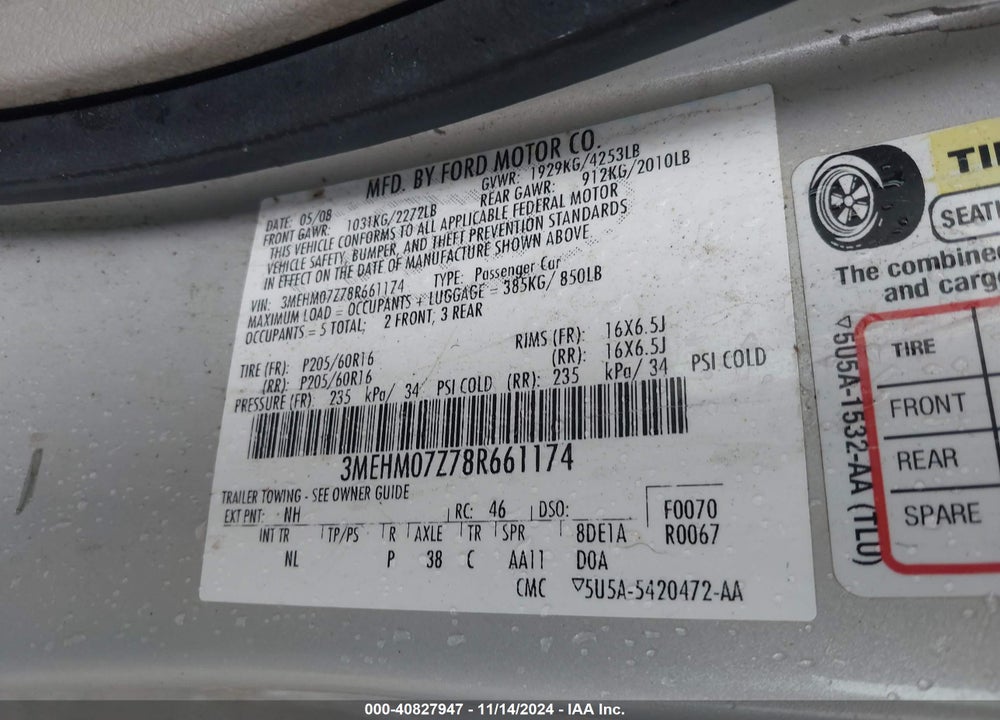 2008 MERCURY MILAN I4 VIN: 3MEHM07Z78R661174