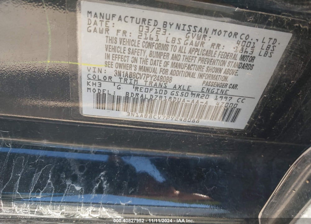 2023 NISSAN SENTRA SV XTRONIC CVT VIN: 3N1AB8CV7PY248088