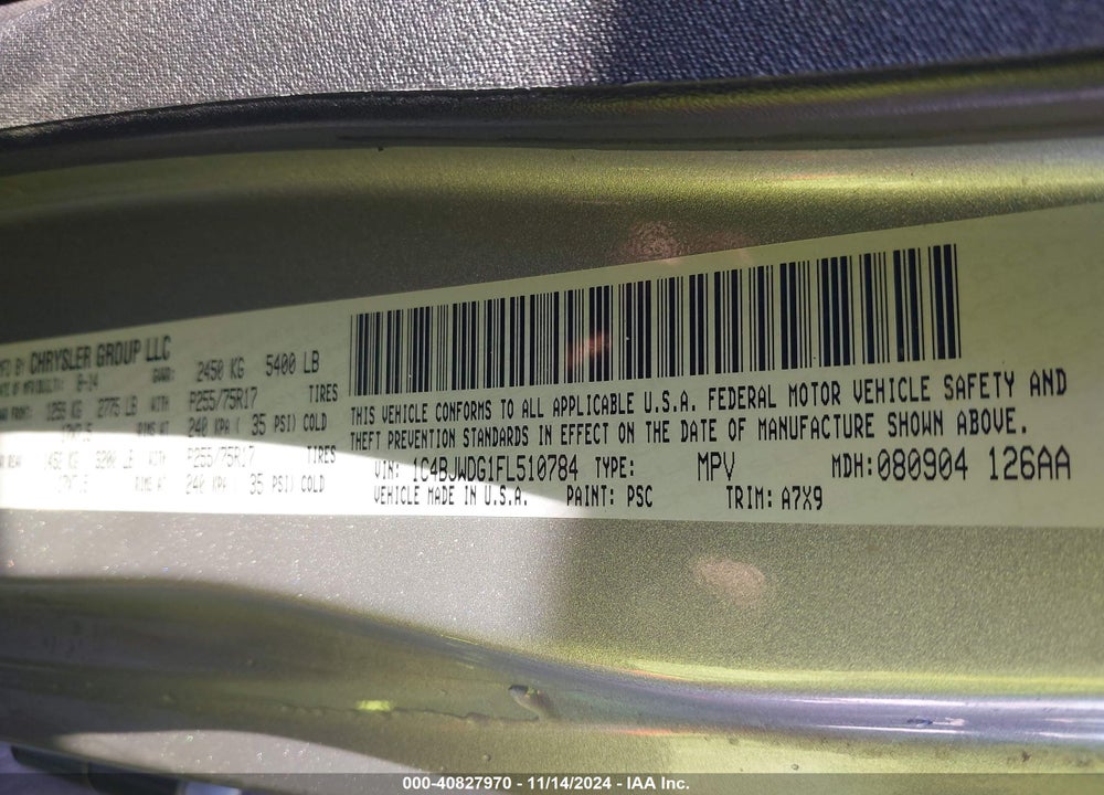 2015 JEEP WRANGLER UNLIMITED SPORT VIN: 1C4BJWDG1FL510784