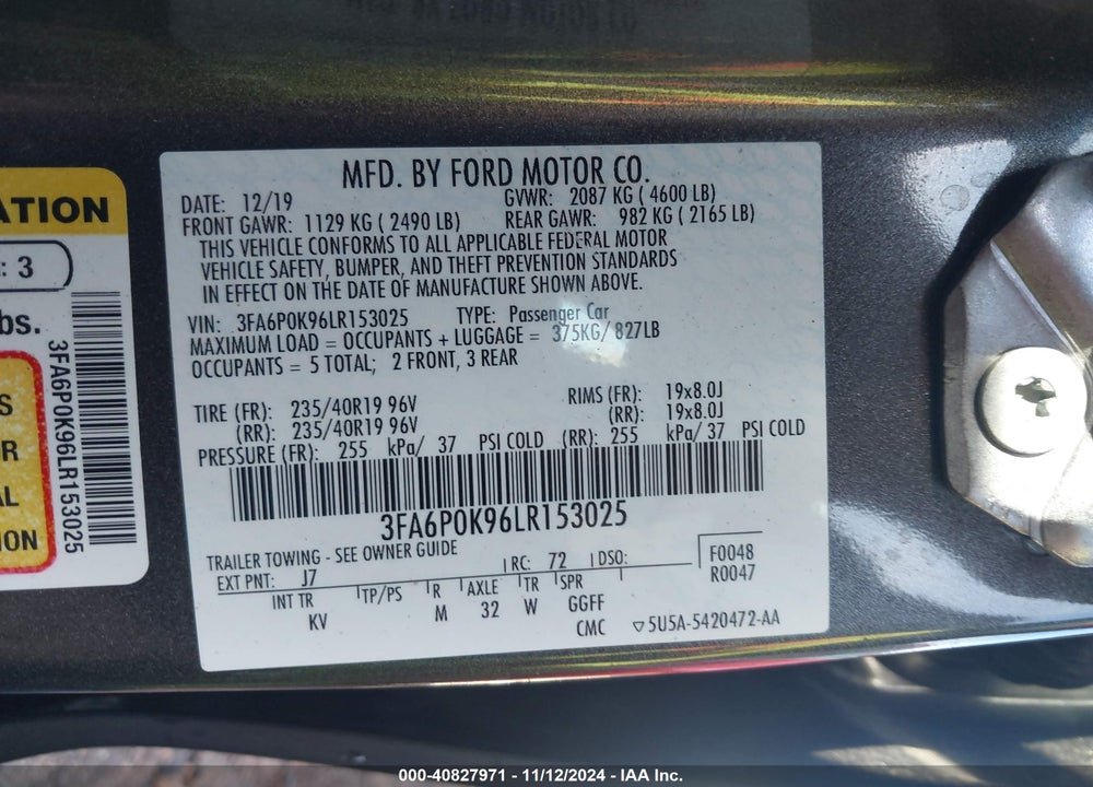 2020 FORD FUSION TITANIUM VIN: 3FA6P0K96LR153025