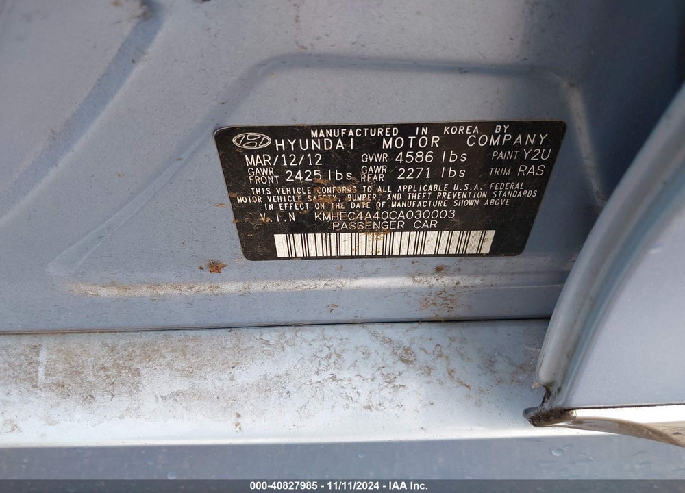2012 HYUNDAI SONATA HYBRID VIN: KMHEC4A40CA030003