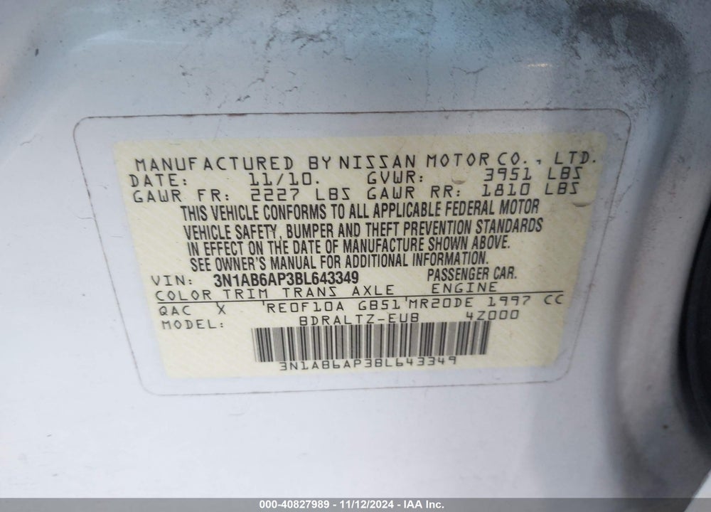2011 NISSAN SENTRA VIN: 3N1AB6AP3BL643349
