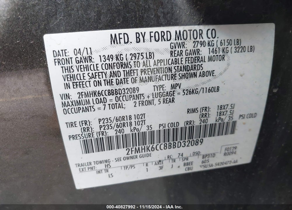 2011 FORD FLEX SEL VIN: 2FMHK6CC8BBD32089