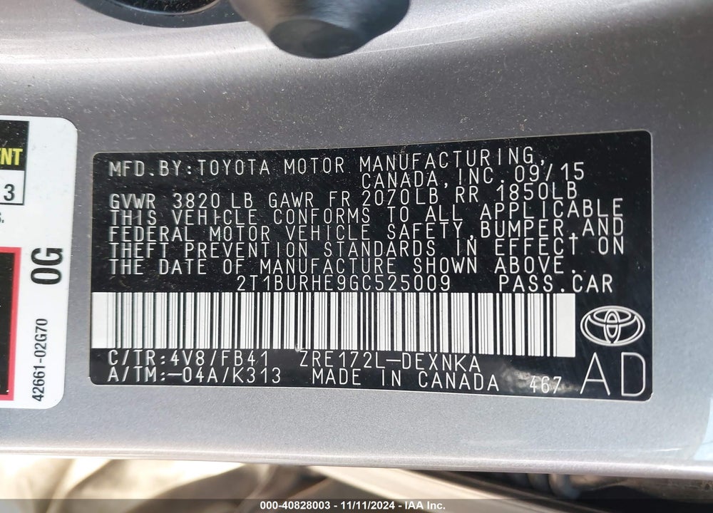 2016 TOYOTA COROLLA LE VIN: 2T1BURHE9GC525009
