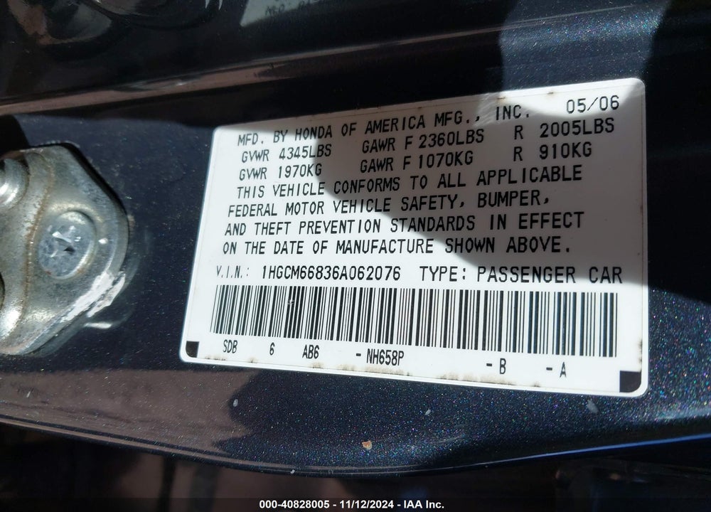 2006 HONDA ACCORD 3.0 EX VIN: 1HGCM66836A062076
