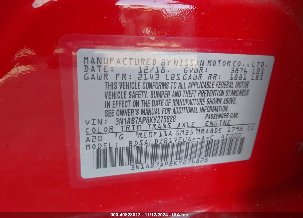 2019 NISSAN SENTRA SV VIN: 3N1AB7AP8KY276828