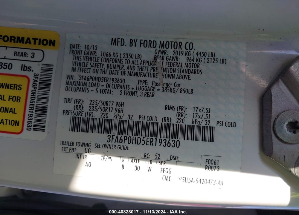 2014 FORD FUSION SE VIN: 3FA6P0HD5ER193630