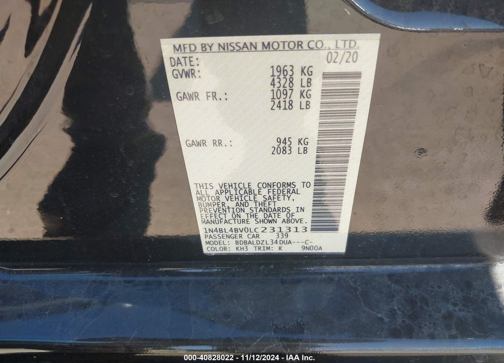 2020 NISSAN ALTIMA S FWD VIN: 1N4BL4BV0LC231313