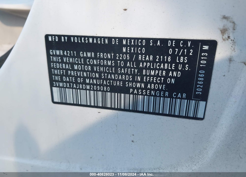 2013 VOLKSWAGEN JETTA 2.5L SE VIN: 3VWDX7AJ8DM209080