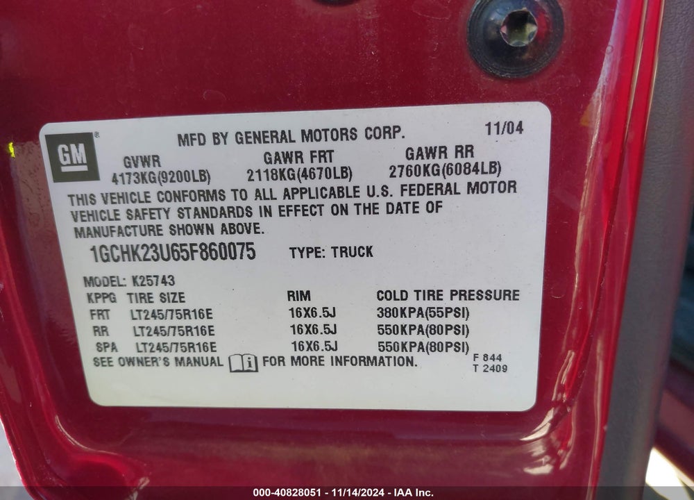 2005 CHEVROLET SILVERADO 2500HD LT VIN: 1GCHK23U65F860075