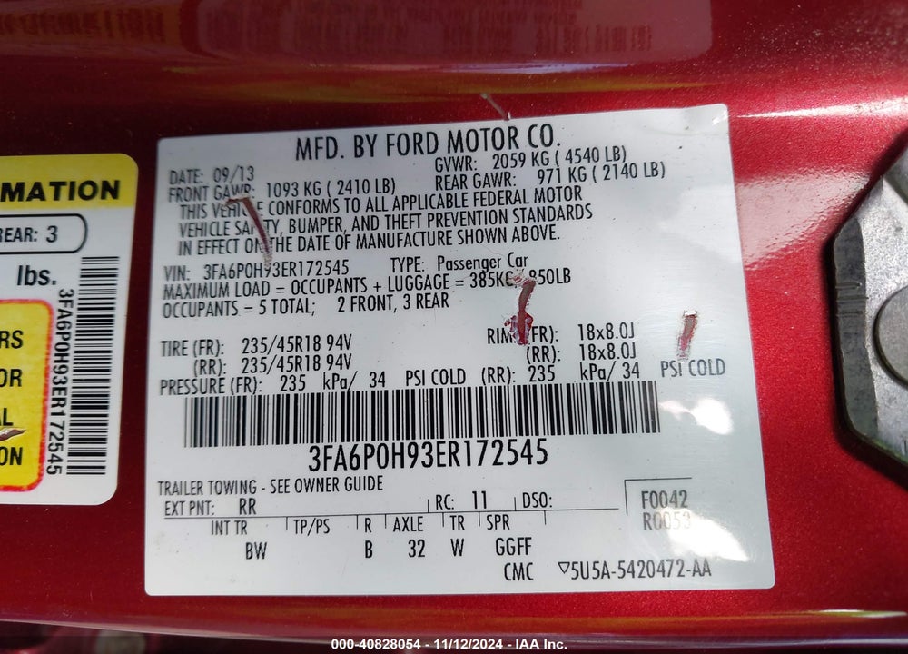2014 FORD FUSION SE VIN: 3FA6P0H93ER172545