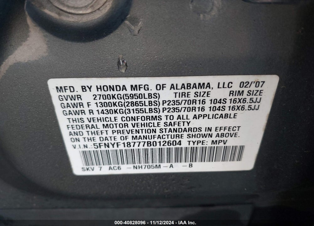 2007 HONDA PILOT EX-L VIN: 5FNYF18777B012604
