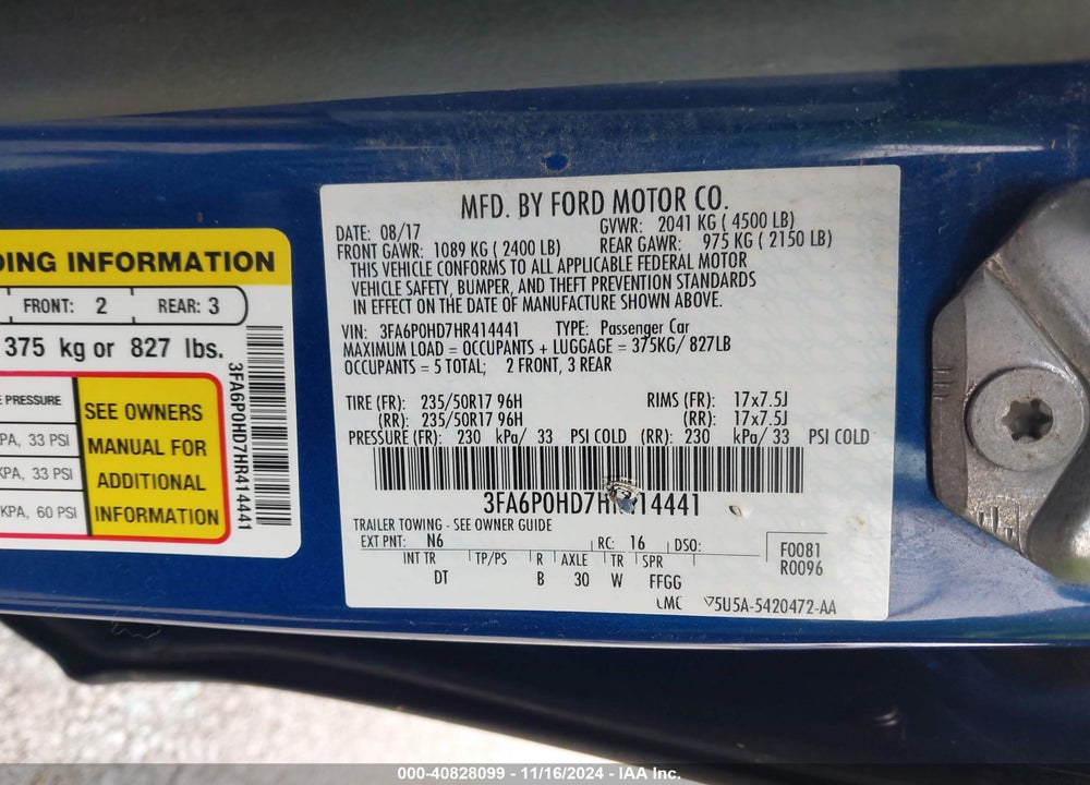 2017 FORD FUSION SE VIN: 3FA6P0HD7HR414441