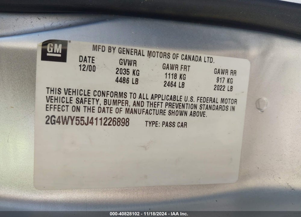 2001 BUICK CENTURY LIMITED VIN: 2G4WY55J411226898