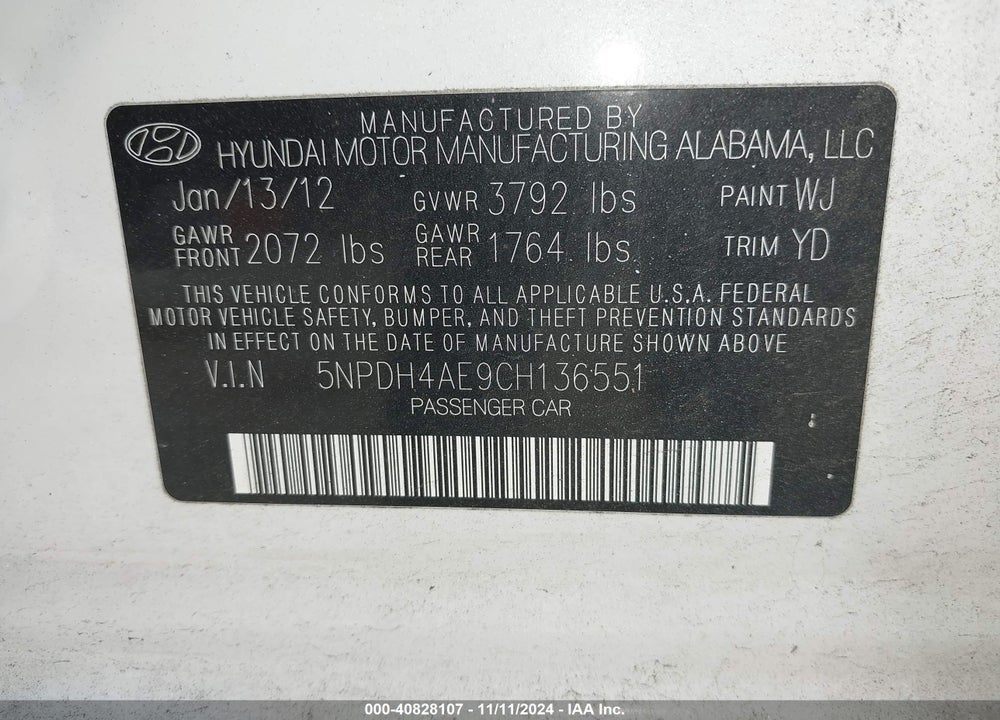 2012 HYUNDAI ELANTRA GLS VIN: 5NPDH4AE9CH136551