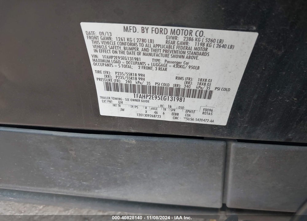 2014 FORD TAURUS SEL VIN: 1FAHP2E95EG131981