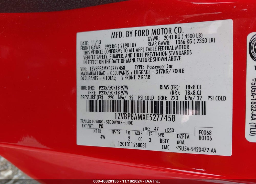 2014 FORD MUSTANG V6 PREMIUM VIN: 1ZVBP8AMXE5277458