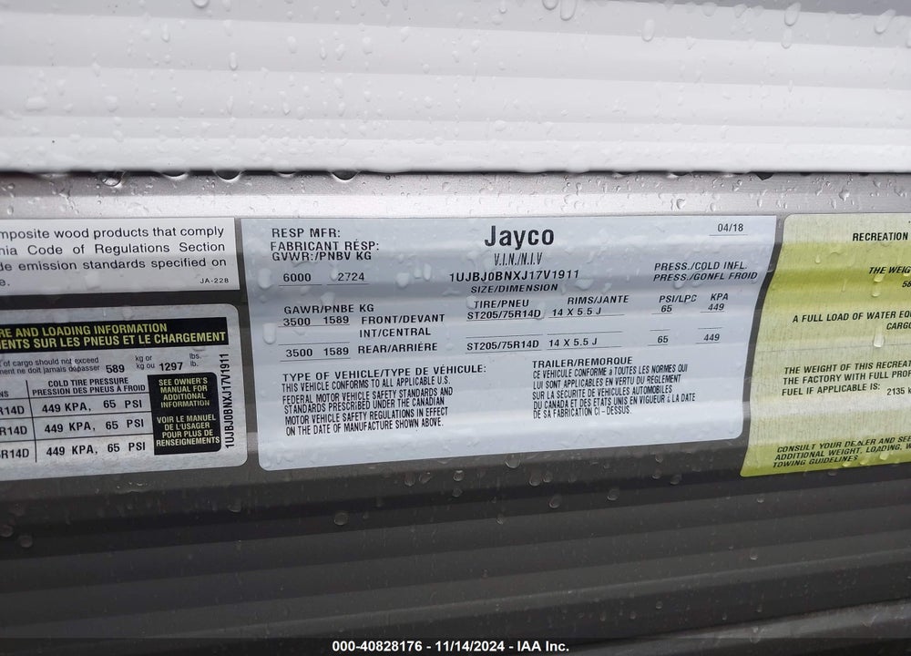 2018 JAYCO JAYFL184BH VIN: 1UJBJ0BNXJ17V1911