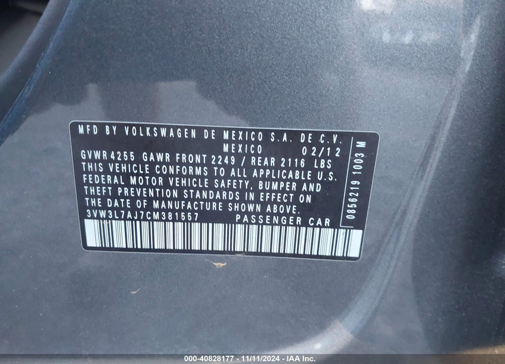 2012 VOLKSWAGEN JETTA 2.0L TDI VIN: 3VW3L7AJ7CM381557