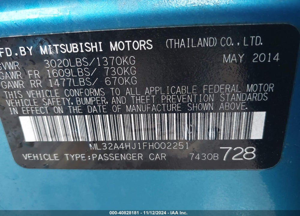2015 MITSUBISHI MIRAGE ES VIN: ML32A4HJ1FH002251