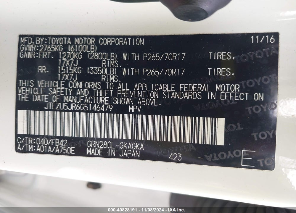 2016 TOYOTA 4RUNNER SR5 VIN: JTEZU5JR6G5146479