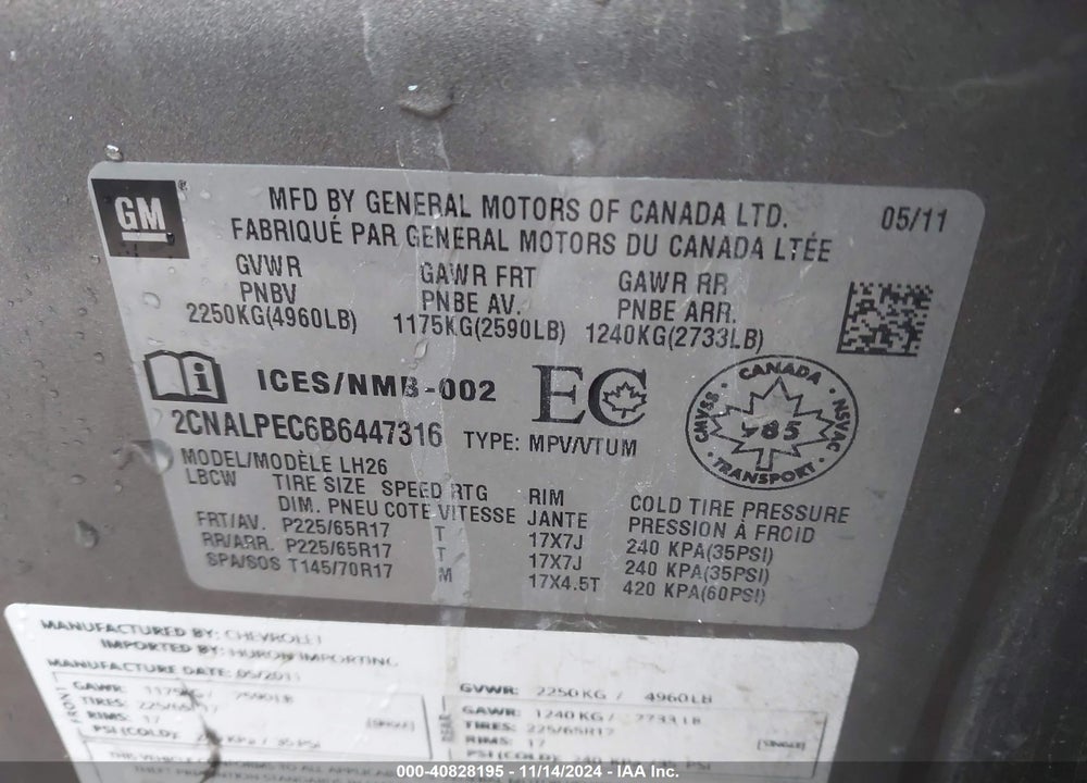 2011 CHEVROLET EQUINOX 2LT VIN: 2CNALPEC6B6447316