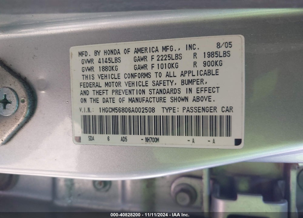 2006 HONDA ACCORD 2.4 EX VIN: 1HGCM56806A002508