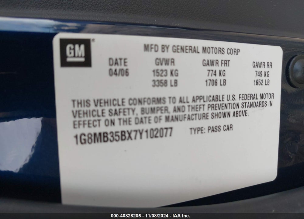 2007 SATURN SKY VIN: 1G8MB35BX7Y102077