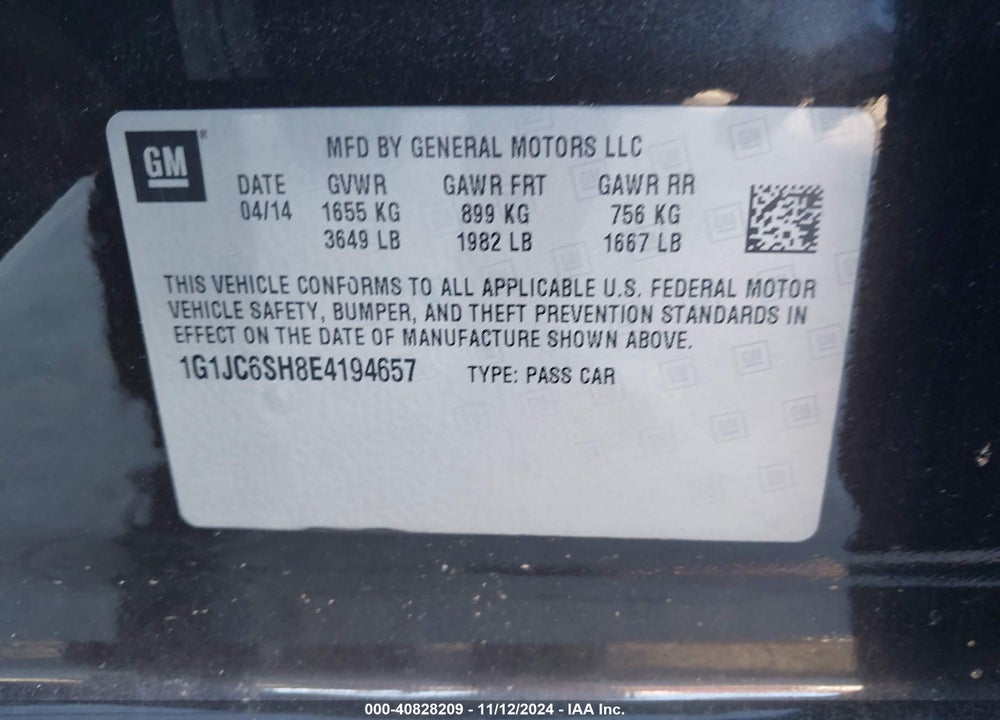 2014 CHEVROLET SONIC LT AUTO VIN: 1G1JC6SH8E4194657