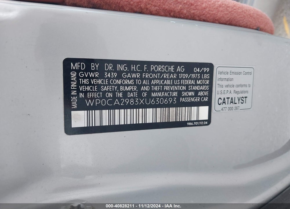 1999 PORSCHE BOXSTER VIN: WP0CA2983XU630693