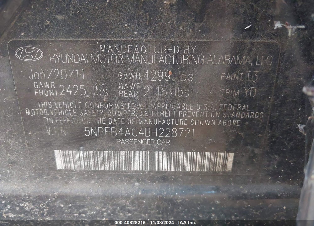 2011 HYUNDAI SONATA GLS VIN: 5NPEB4AC4BH228721