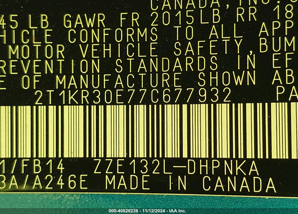 2007 TOYOTA MATRIX/XR VIN: 2T1KR30E77C677932