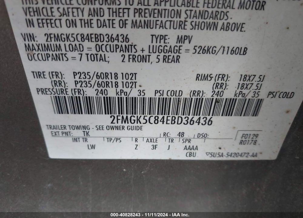 2014 FORD FLEX SEL VIN: 2FMGK5C84EBD36436