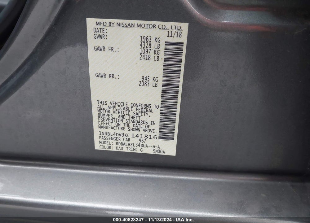 2019 NISSAN ALTIMA VIN: 1N4BL4DV9KC141816