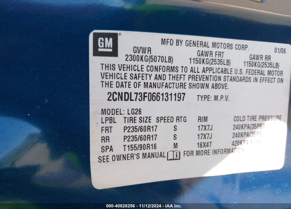 2006 CHEVROLET EQUINOX LT VIN: 2CNDL73F066131197