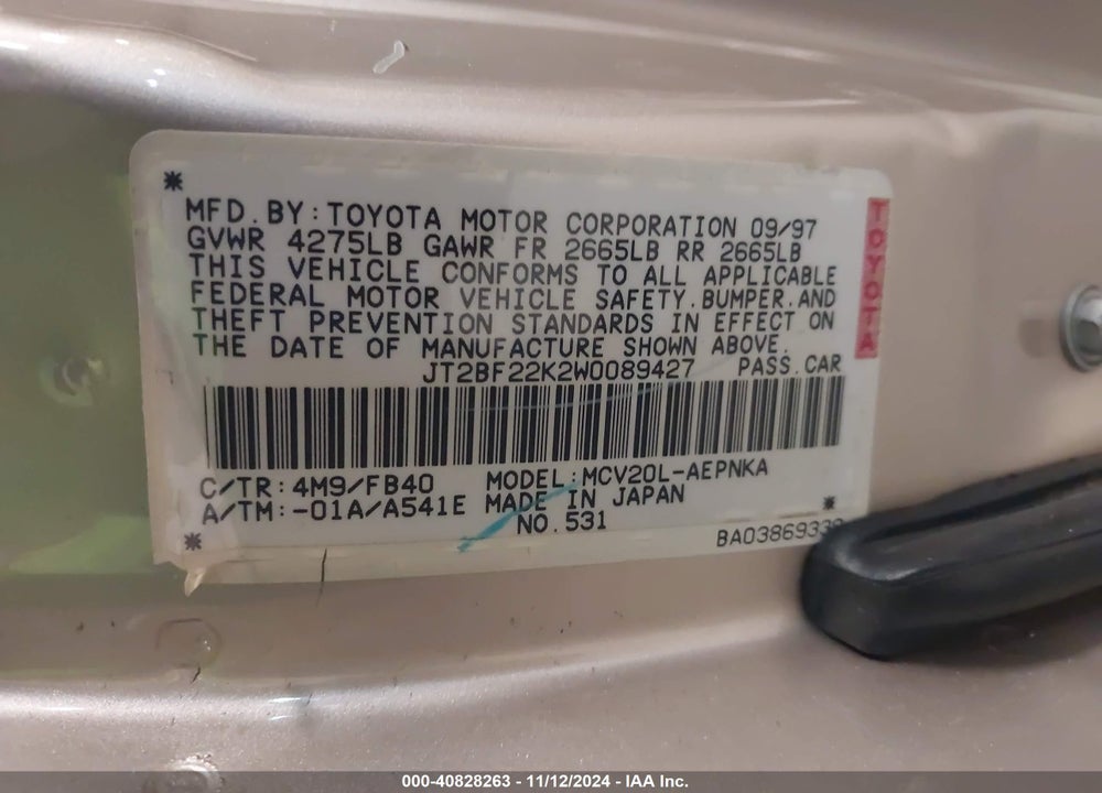 1998 TOYOTA CAMRY LE V6 VIN: JT2BF22K2W0089427
