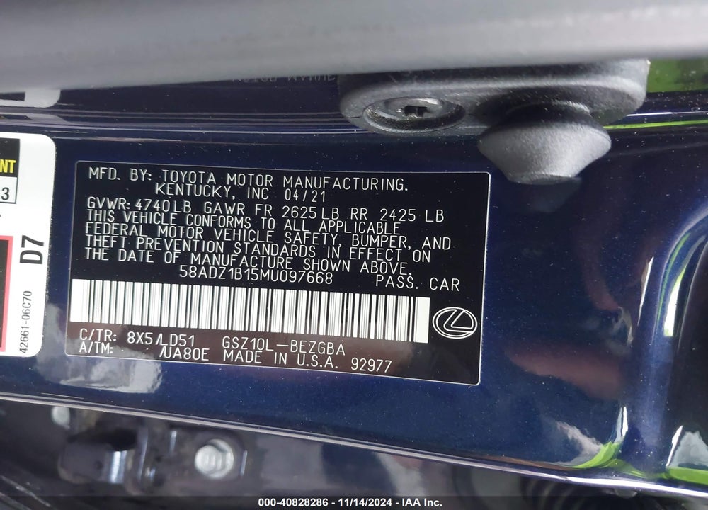 2021 LEXUS ES 350 VIN: 58ADZ1B15MU097668