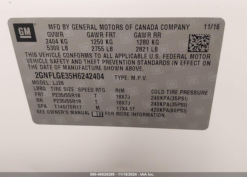 2017 CHEVROLET EQUINOX VIN: 2GNFLGE35H6242404