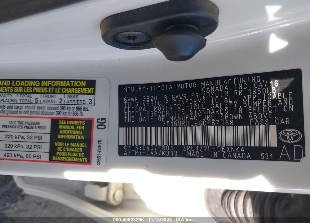 2016 TOYOTA COROLLA LE VIN: 2T1BURHE9GC657168