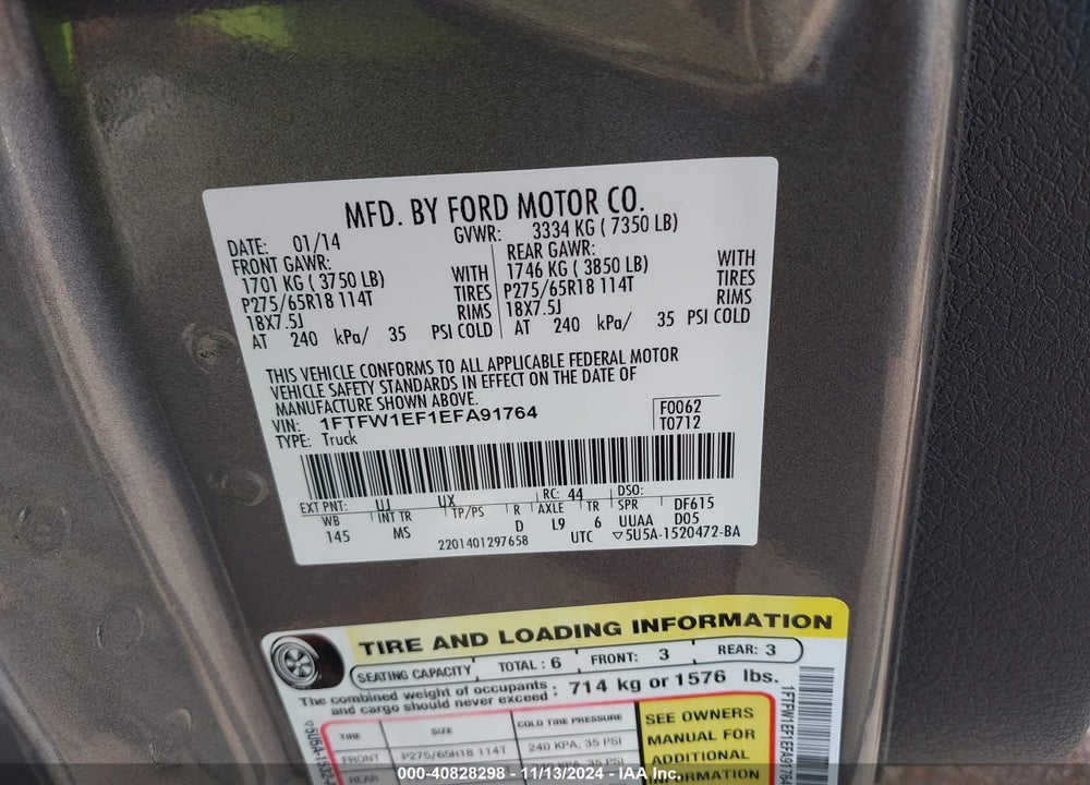2014 FORD F-150 XLT VIN: 1FTFW1EF1EFA91764