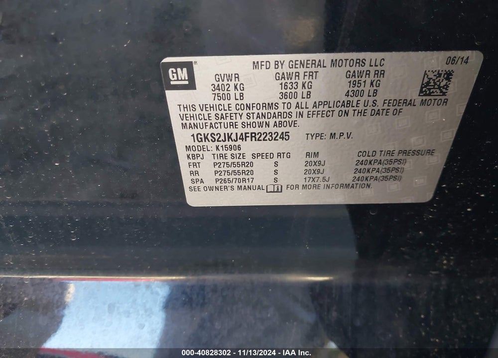 2015 GMC YUKON XL 1500 DENALI VIN: 1GKS2JKJ4FR223245