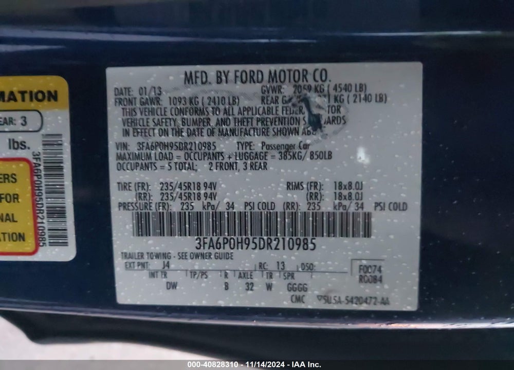 2013 FORD FUSION SE VIN: 3FA6P0H95DR210985